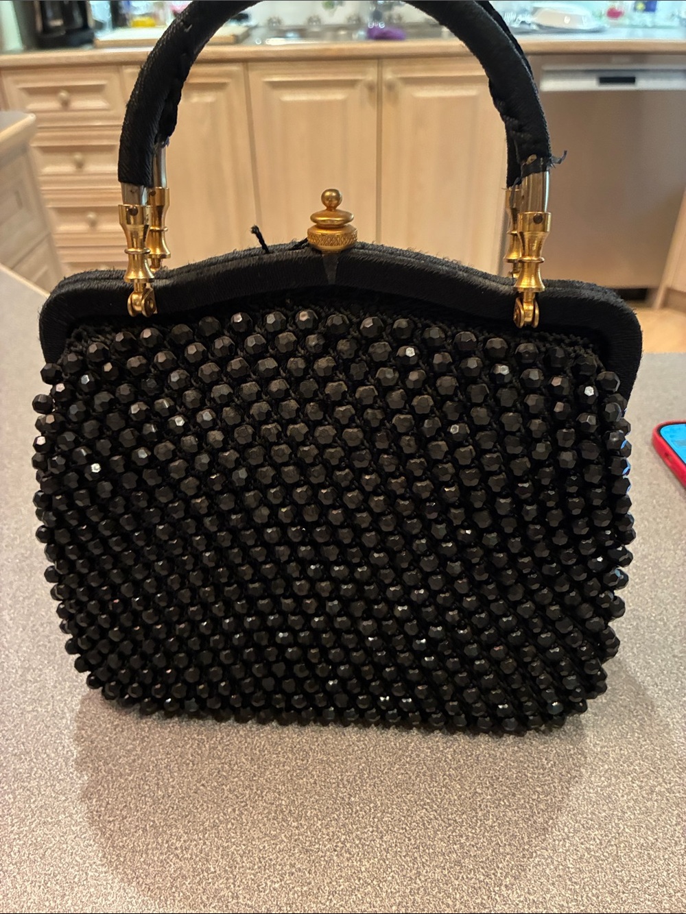 Elegant Black Beaded Evening Clutch with Gold-Tone Hardware